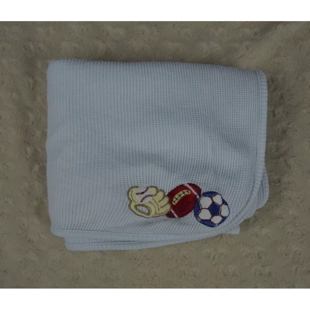 Small Wonders Sports Baby Blanket Thermal Waffle Weave Blue Baseball Soccer Ball